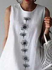 Crew Neck Floral Casual Cotton And Linen Dress