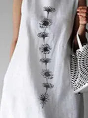 Crew Neck Floral Casual Cotton And Linen Dress